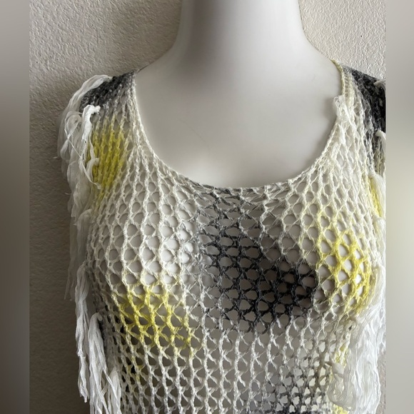 Beach Pool Coverup White Yellow & Black Mesh Sleeveless With Tassels - Picture 6 of 9